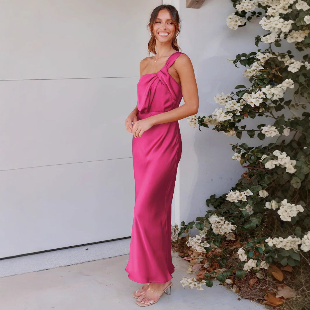 Women's sleeveless one-shoulder long dress satin Formal Party fishtail evening dress 9