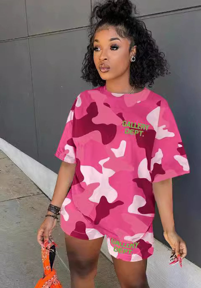 Summer Casual Round Neck Loose Sporty Two Piece Shorts Set