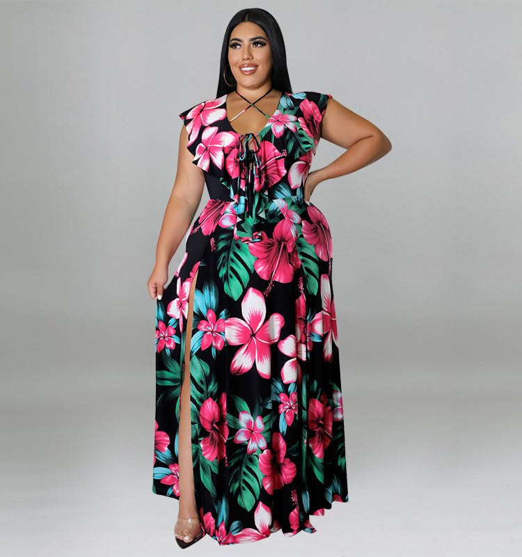 Plus Size Women's Summer Ruffled Collar Floral Print Maxi Dress 3