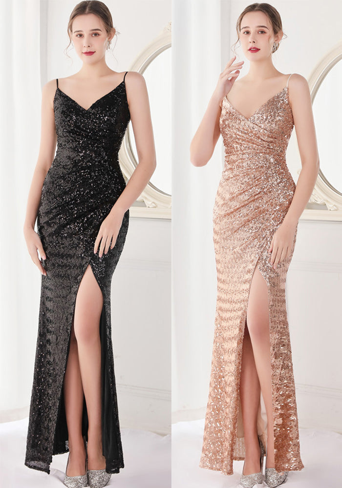Spring Formal Sequins Strap Slit Mermaid Evening Dress