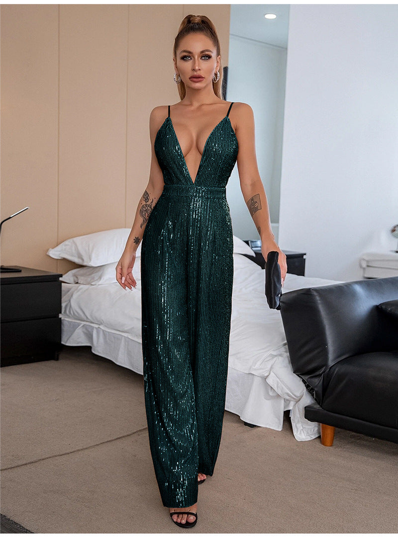 Deep V Neck Low Back Sleeveless Chic Sequined Straps Elegant Women's Party Jumpsuit 5