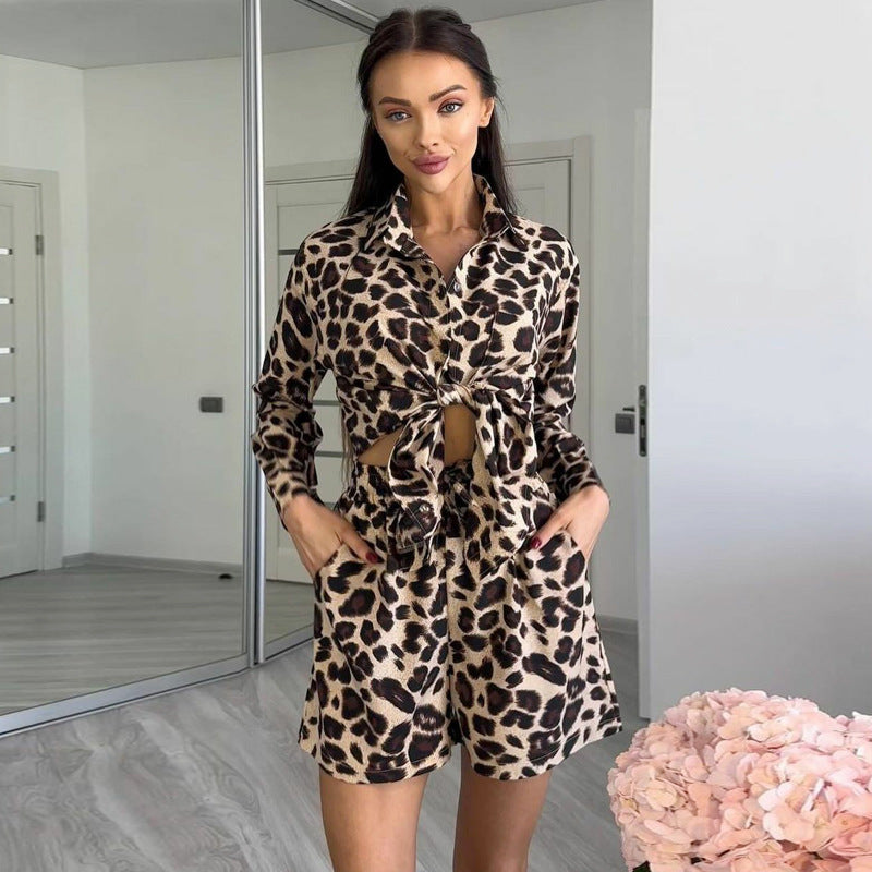 Summer Leopard Print Long Sleeve Shirt And Shorts Two-piece Set 5