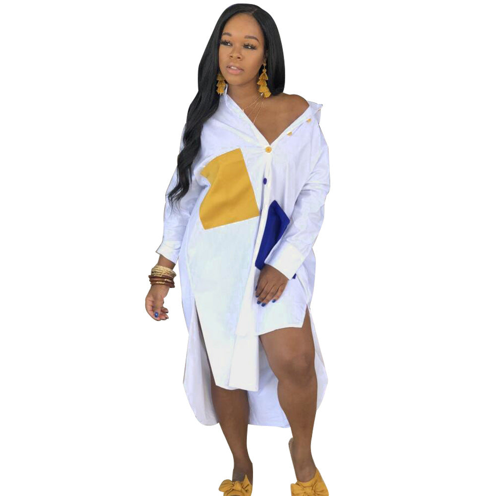 Sexy Color Block Pocket Long Shirtwomen's Clothing 3