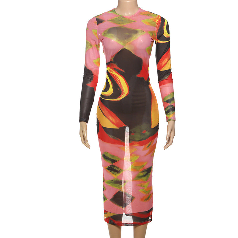 Women Summer Painted Print Long Sleeve See-Through Sexy Bodycon Dress 5