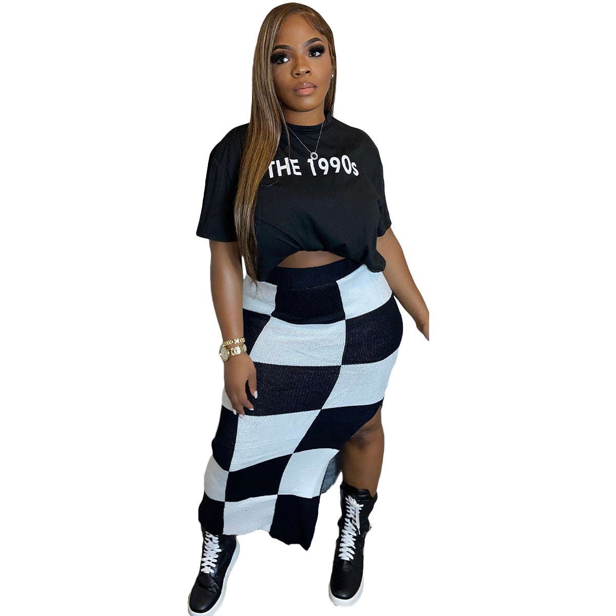 Spring/Summer Black And White Gingham Print Casual Two-Piece Skirt Set 9