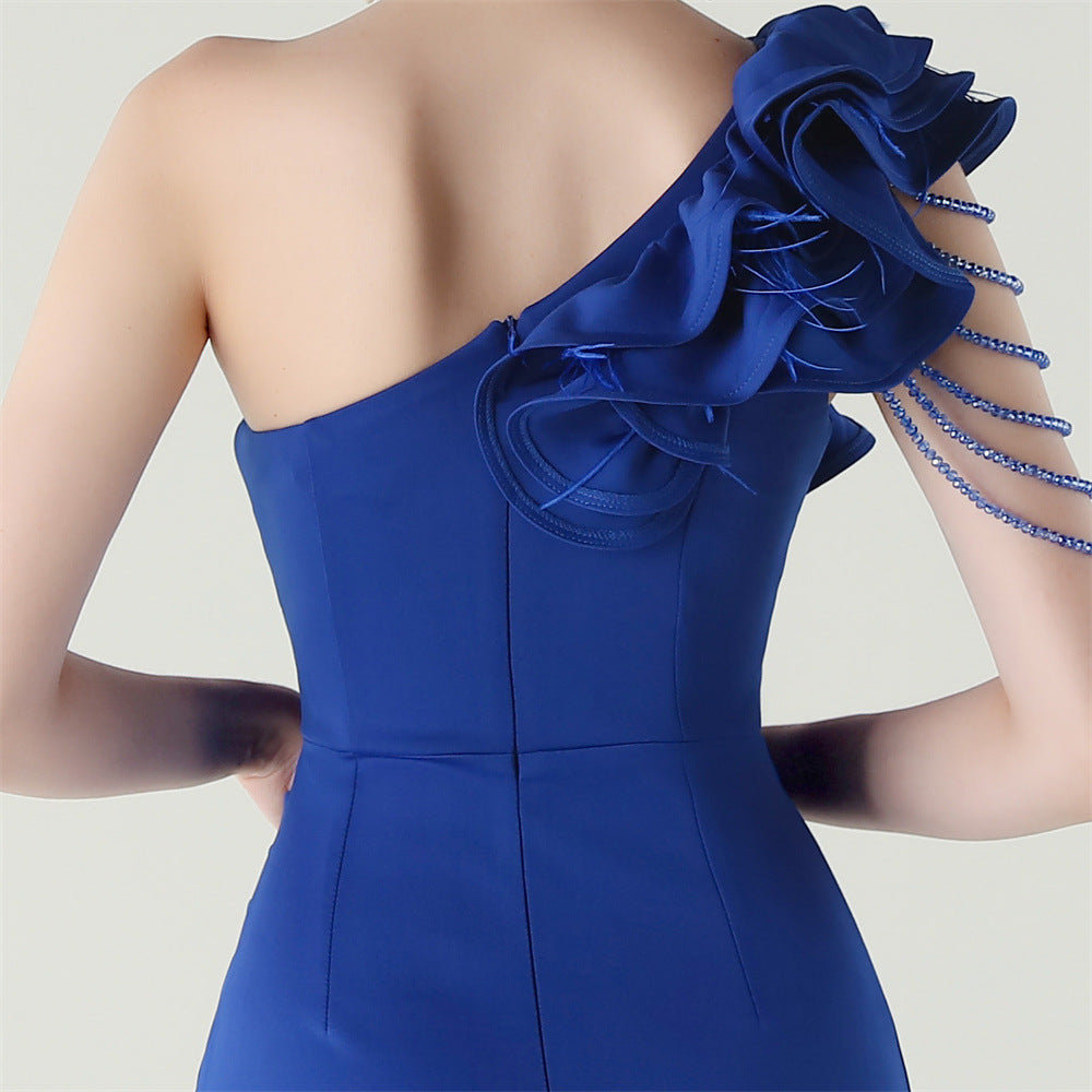 Women One-Shoulder Beaded Wool and Floral Satin Slit Sexy Evening Dress 84