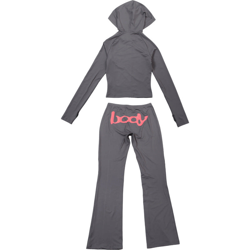 Women Fall/Winter Hooded Letter Print Zipper Top and Pants Two-Piece Set 26