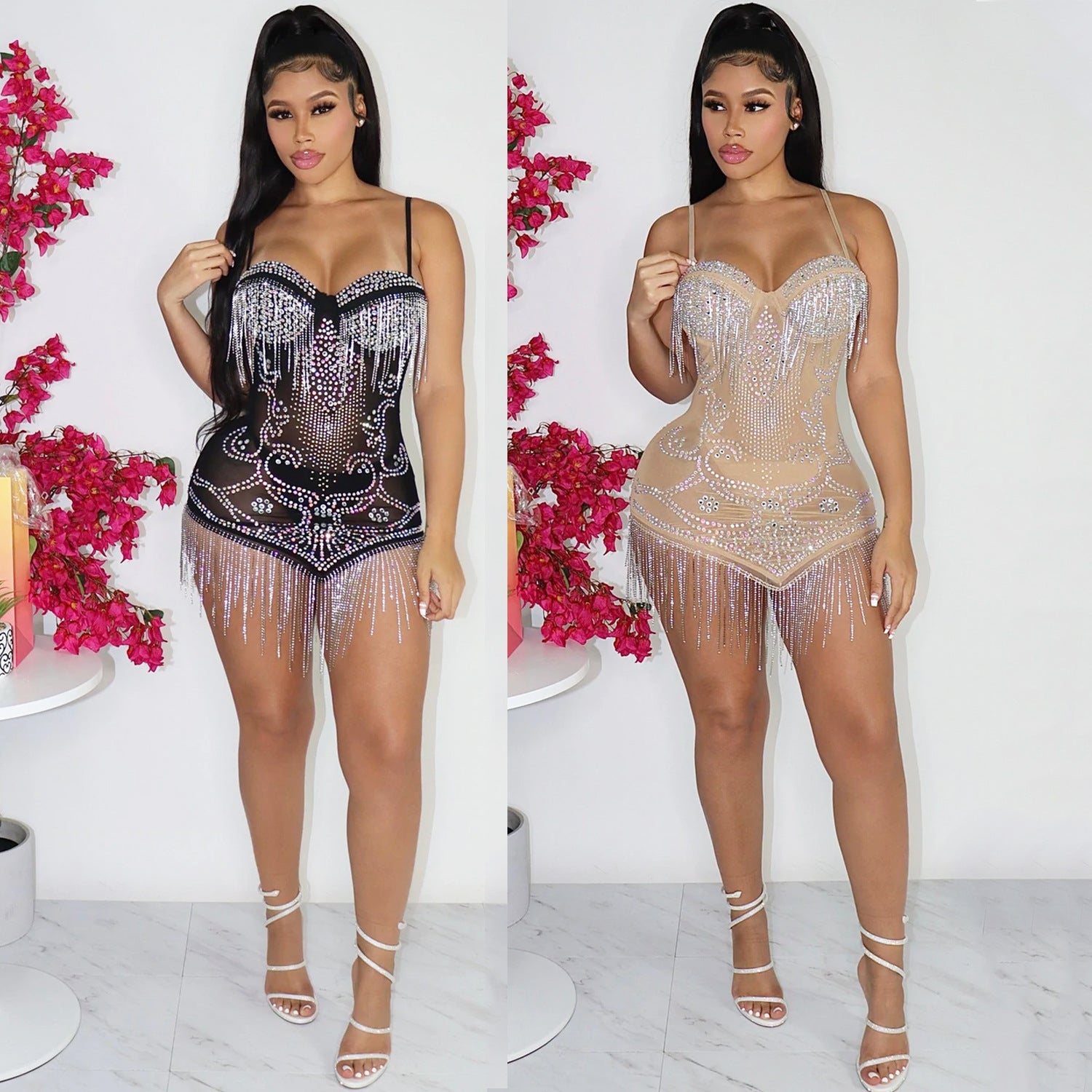 Summer Women's Sexy Mesh Beaded Sling Tassel Dress For Women 5