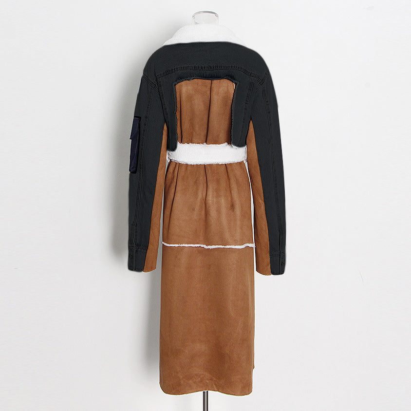 Women Autumn/Winter Turndown Collar Long Sleeve Lace-Fly Lamb Maxi Colorblock Denim Coat 15