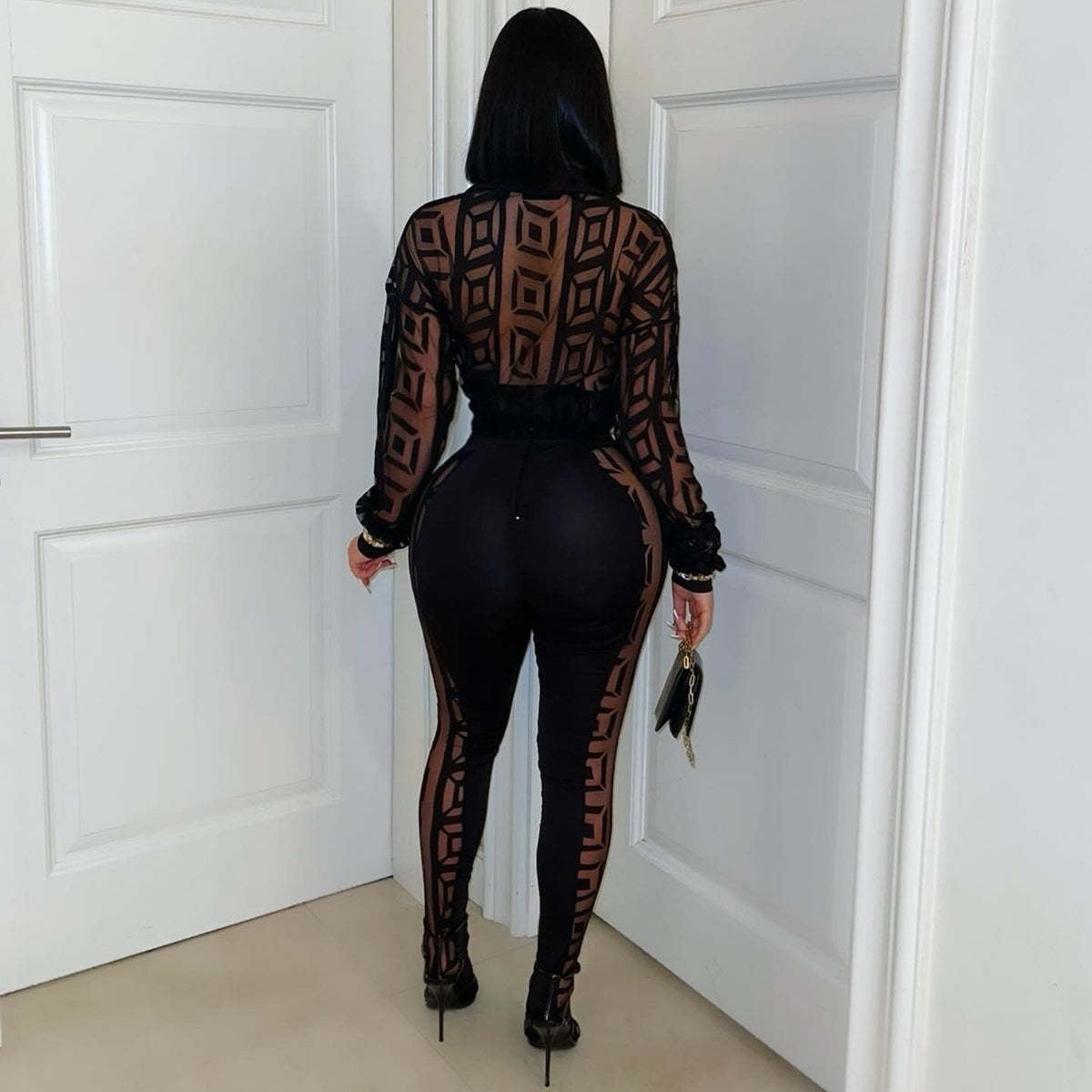 Spring Summer Print Mesh See-Through Shirt And Trousers Two Piece Set 4