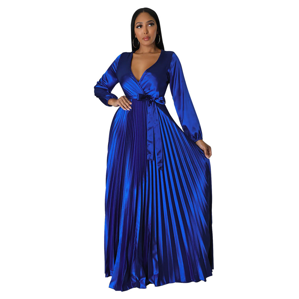 Women Autumn V-Neck Balloon Sleeve Pleated Dress 6