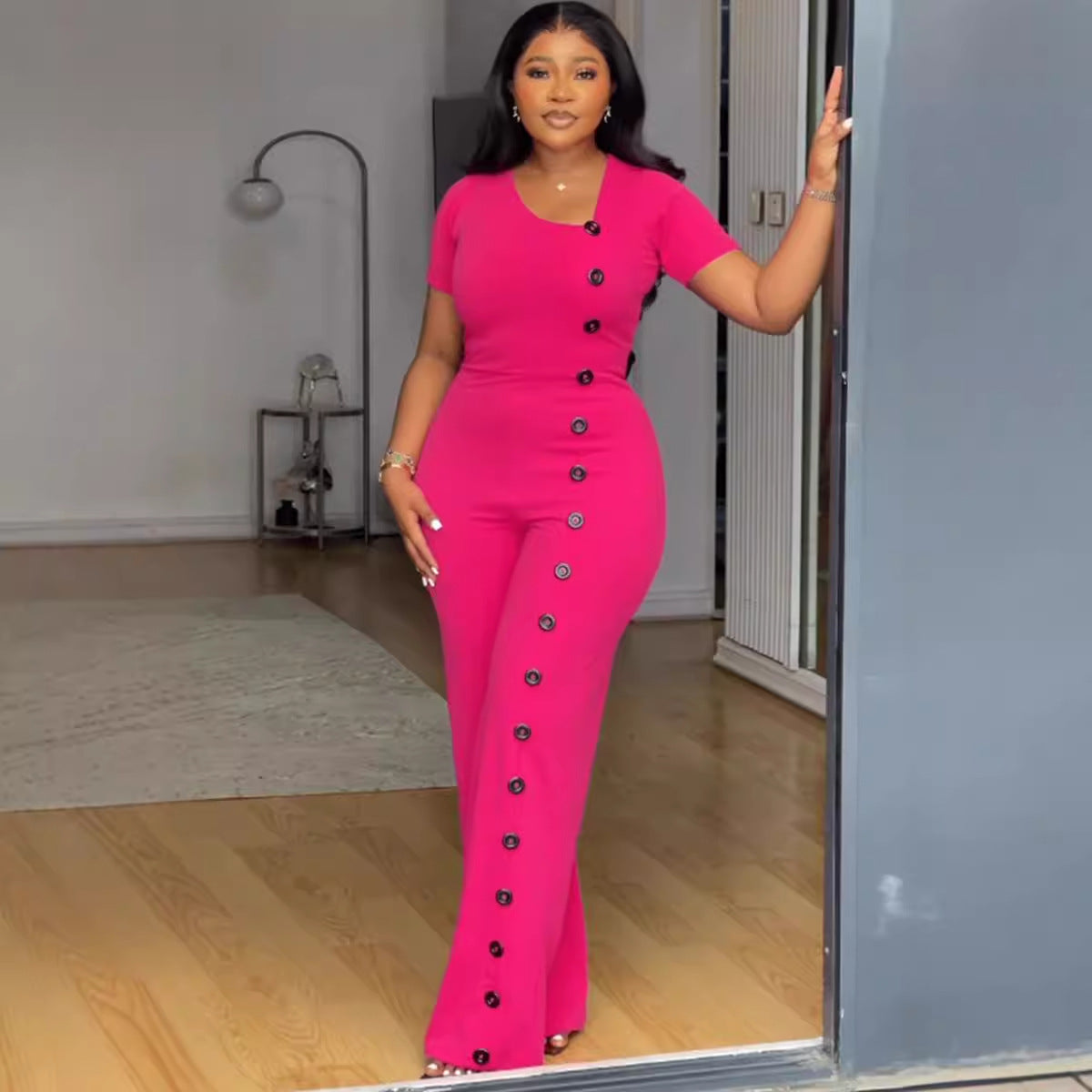 Irregular Neckline Slim Waist Button Wide Leg Jumpsuit