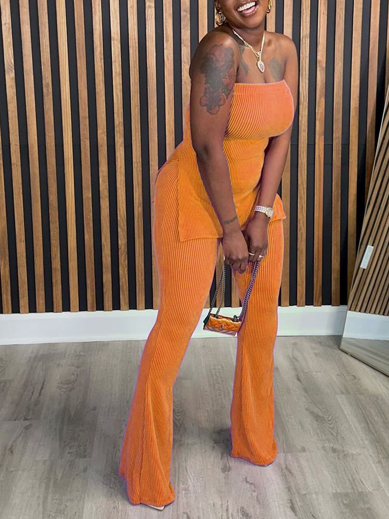 Strapless Slim Sexy Solid Color Women's Two-Piece Pants Set 9