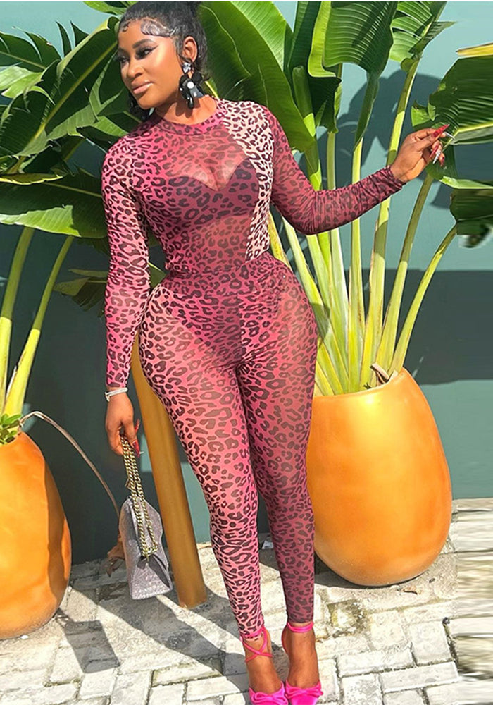Sexy Slightly Transparent Leopard Print Round Neck Tight-Fitting Trendy Pants Set Elastic Two-Piece Set