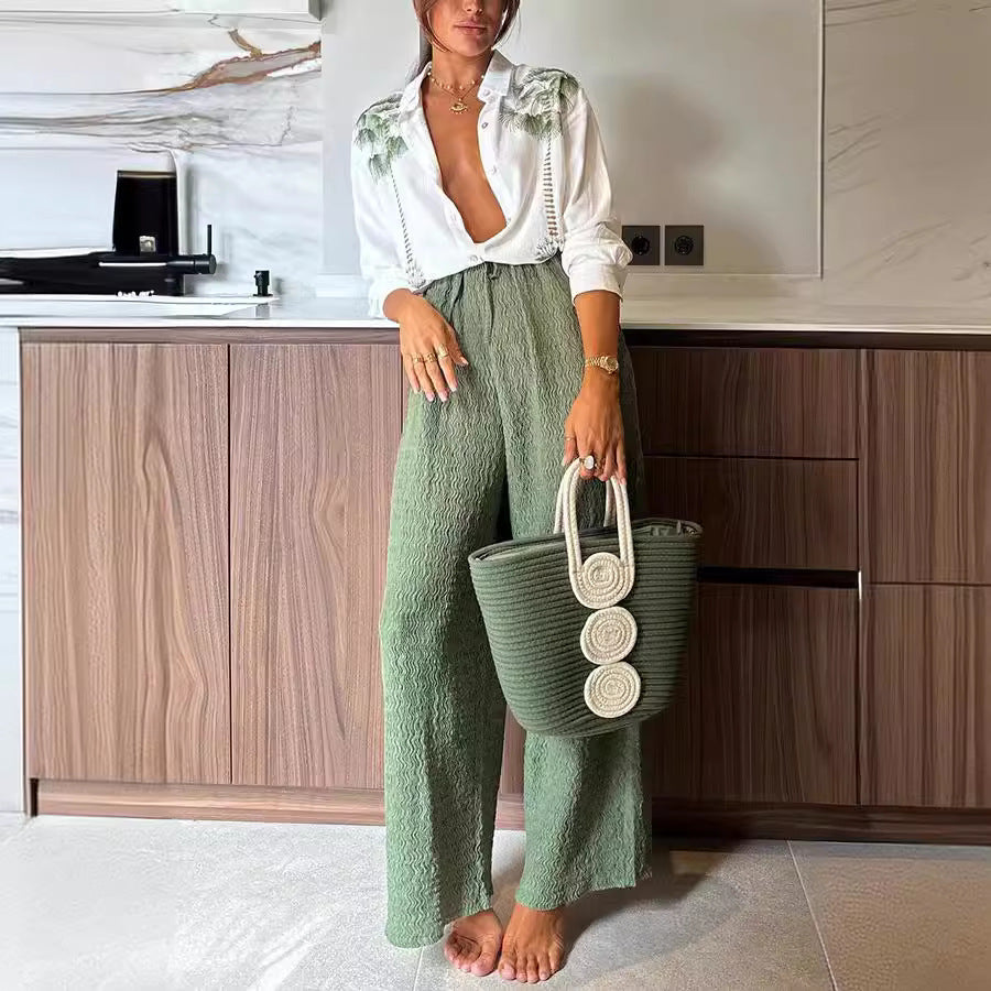 Spring Autumn Print Long Sleeve Single-Breasted Shirt Trousers Set Casual Loose Two-Piece Suit 7