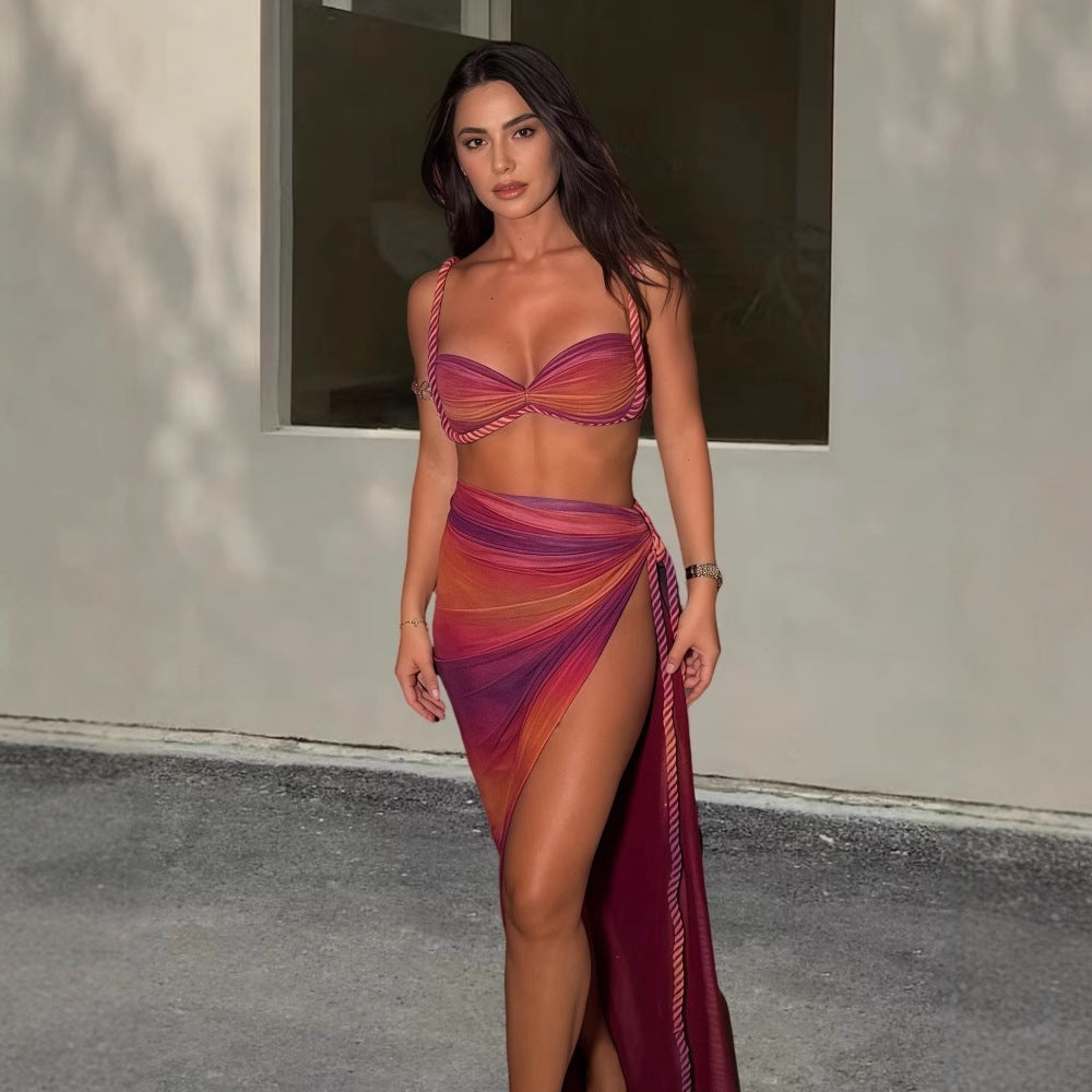 Women's fashion sexy Low Back Halter Neck Strap Vest Slit Long skirt two-piece set