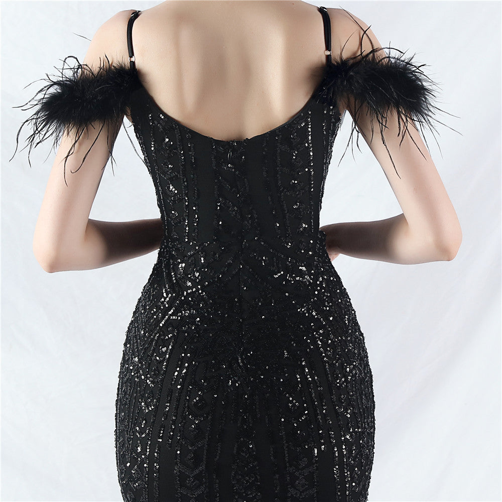 Strap V-Neck Feather Formal Party Evening Dress 26
