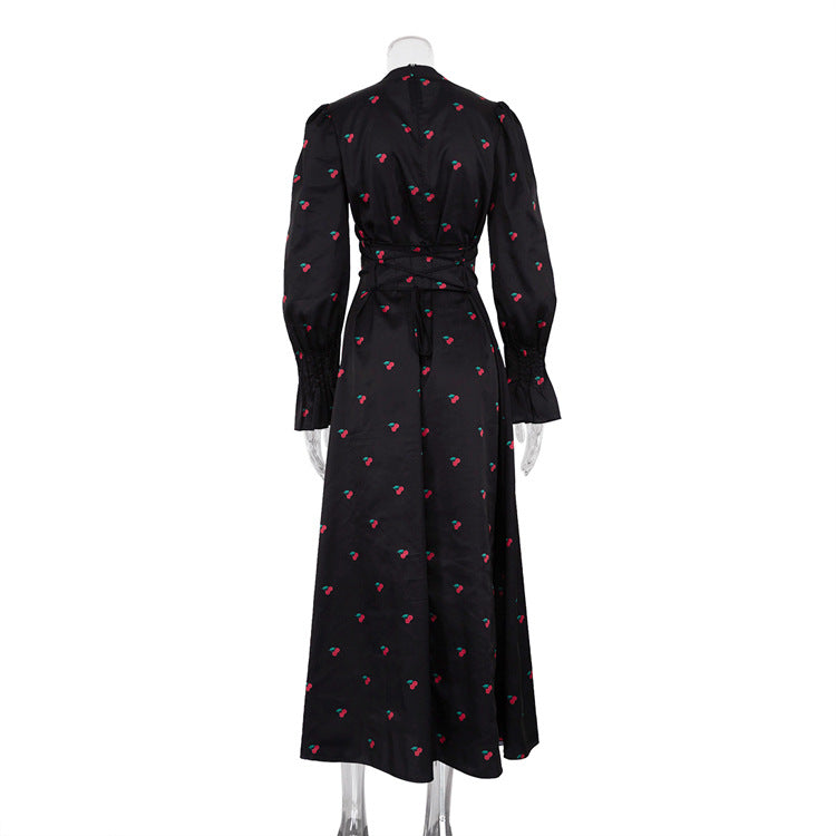 Women's Printed Round Neck Long Sleeve Dress Fall Fashion Slim Waist Satin Maxi Dress 20