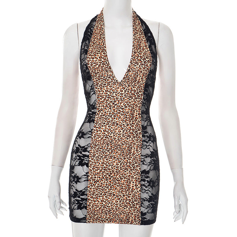 Women's Leopard Print V-Neck Halter Neck Patchwork Lace Bodycon Mini Dress 6