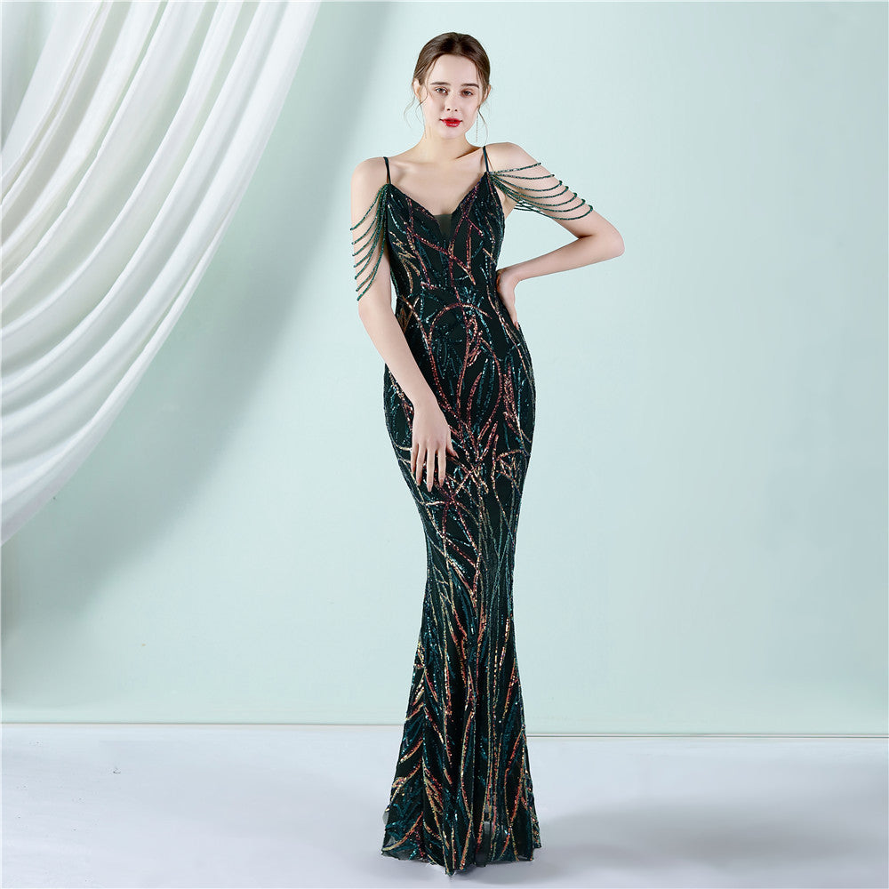 Women Summer Vintage Strap Sleeveless Striped Print Metallic Sequined Mermaid Evening Dress 14