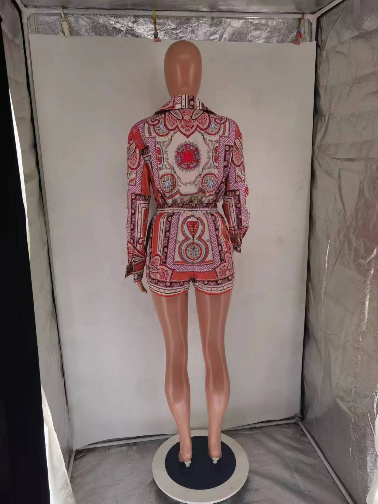 Women's Printed Long Sleeve Casual Two Piece Shorts Set 21