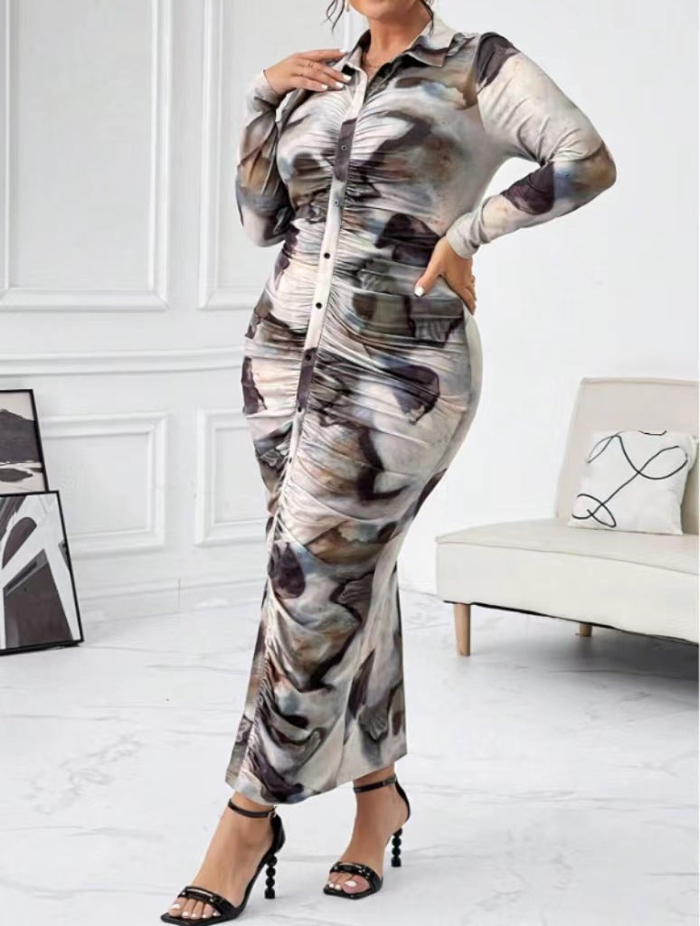 Autumn Women Tie-Dye Printed Pleated Button Slim Tight Fitting Plus Size Dress 5