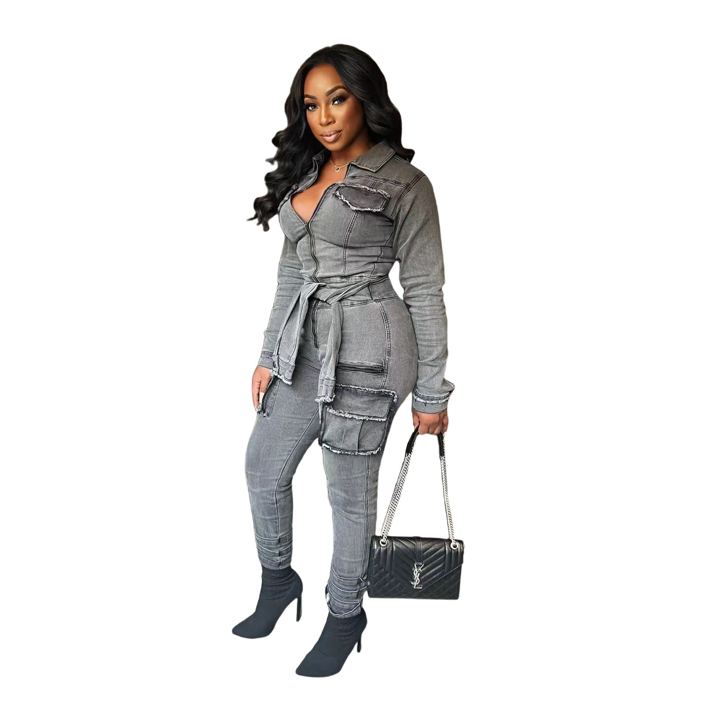 Women Tie Stretch Belt Denim Jumpsuit