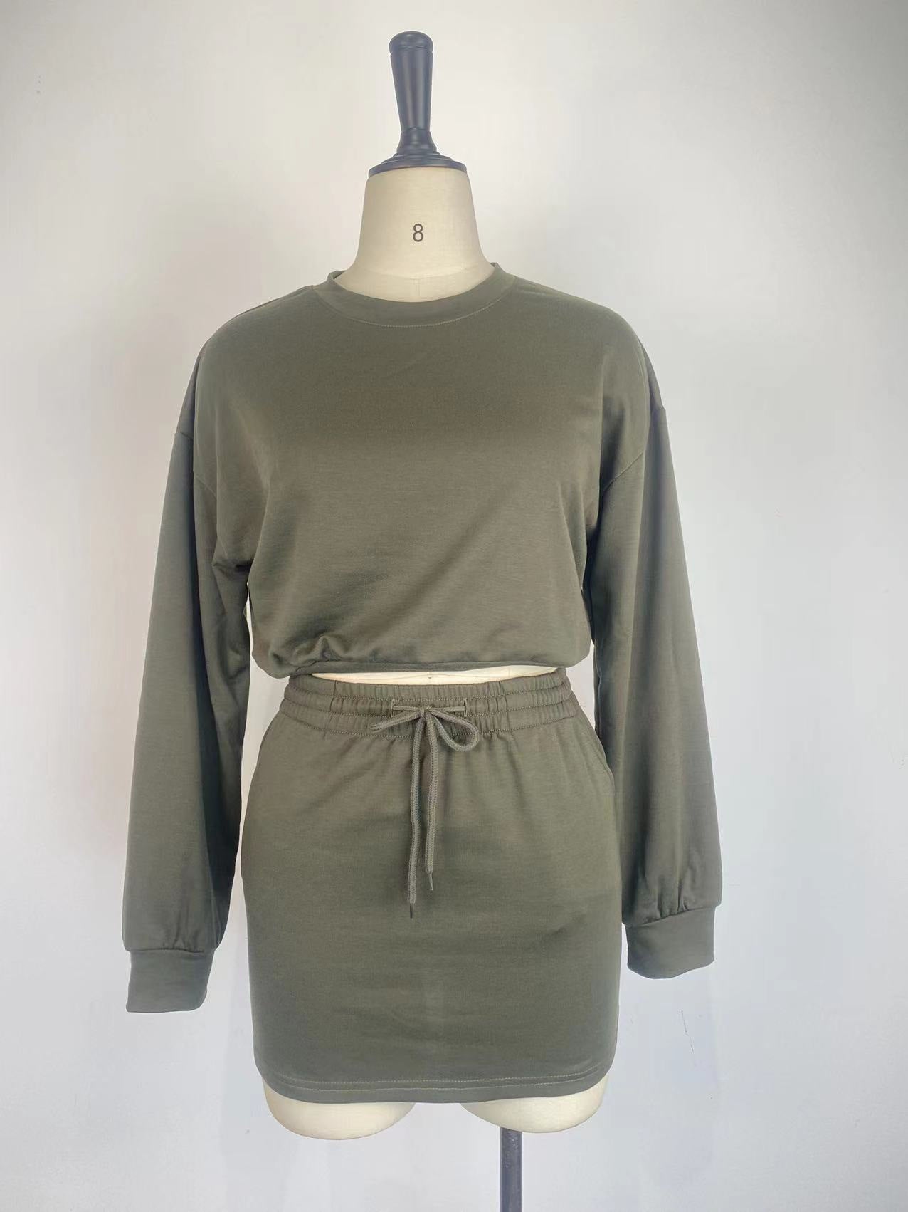 Women Long-Sleeved Solid Bodycon Skirt Two-Piece Set 12