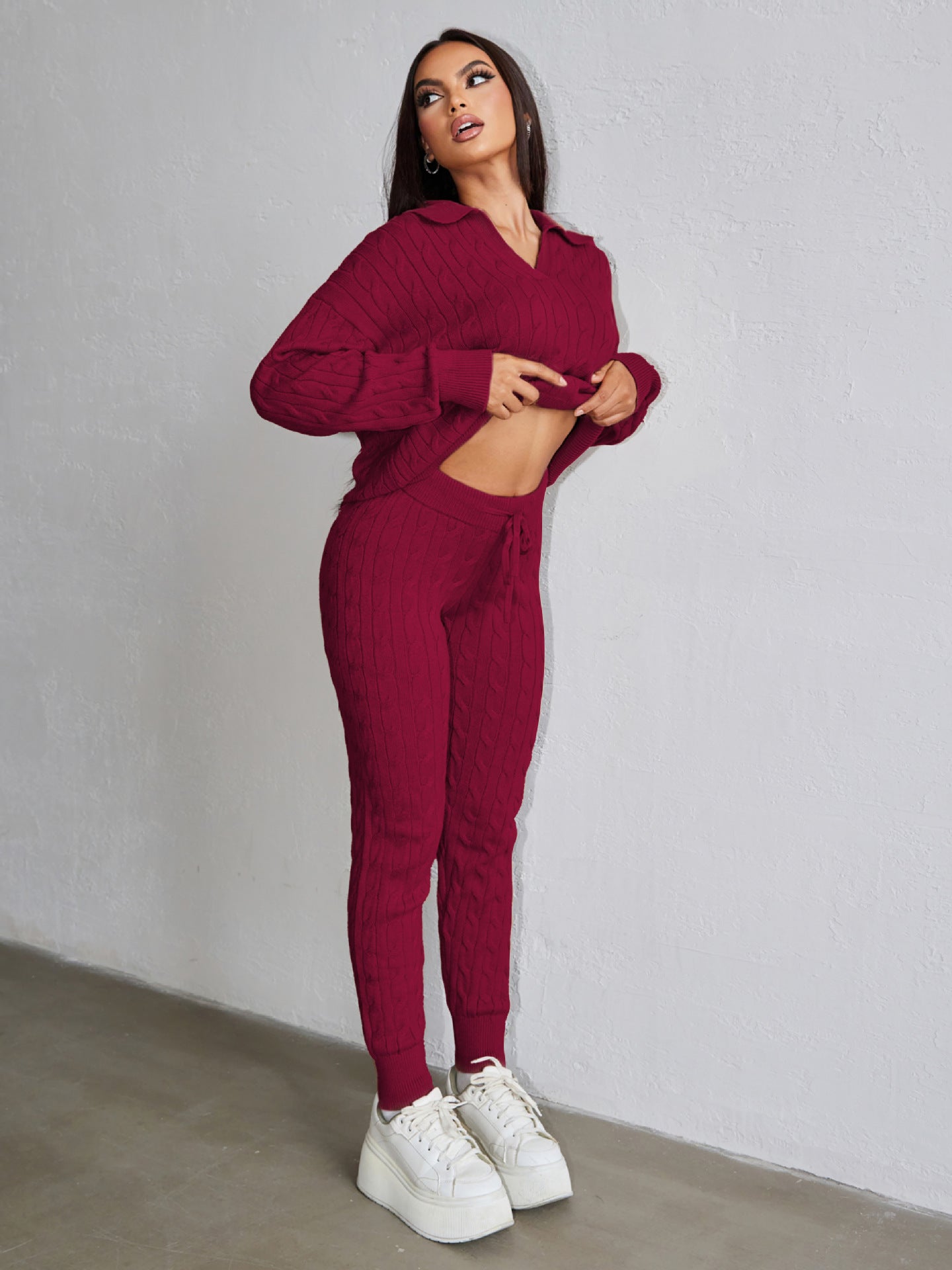 Autumn Winter Women Fashion Solid Color Sweater Trousers Knitting Two-Piece Set 8