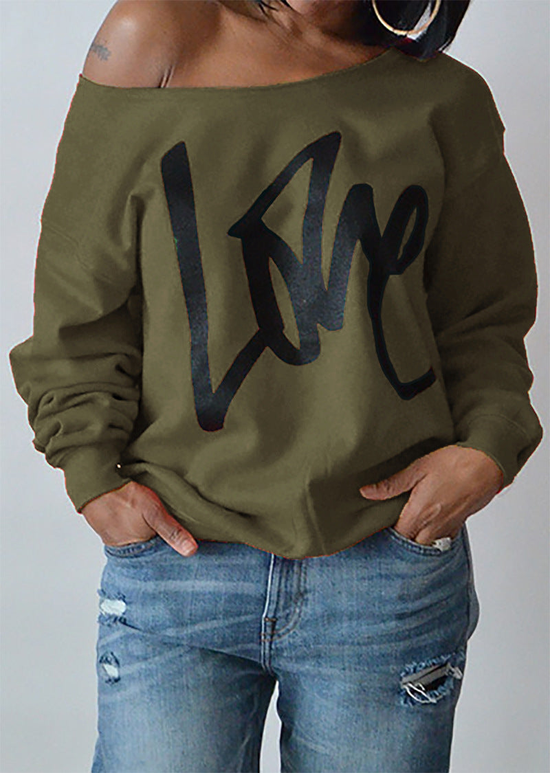 Love Letter Printed Long Sleeve T-Shirt Sexy Off-Shoulder Women's Top 19