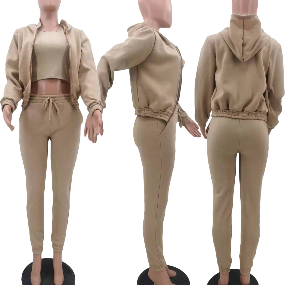 Winter Khaki Thick Hooded Three Piece Pants Tracksuit