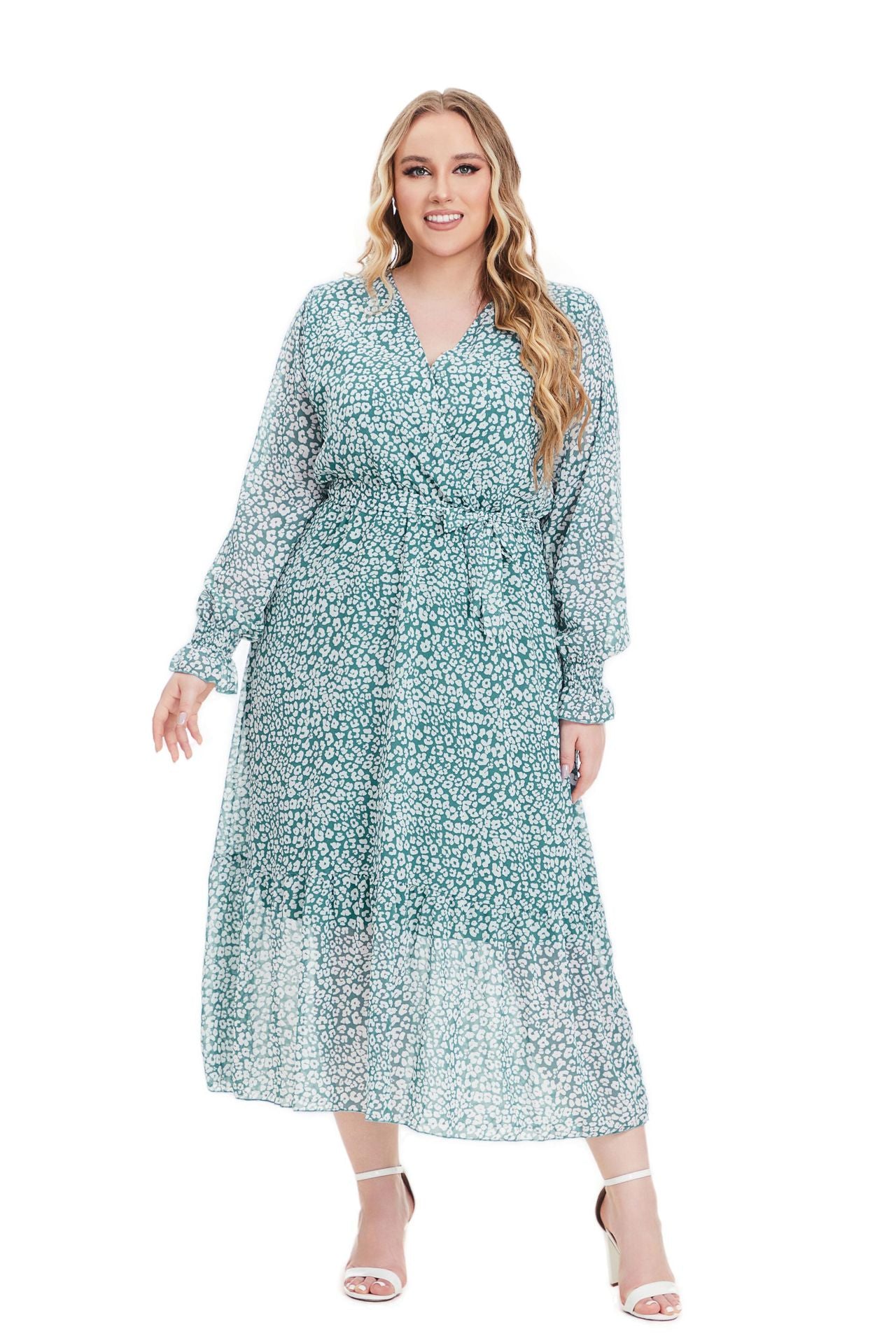 Plus Size Women Fall Long Sleeve Floral Dress 4