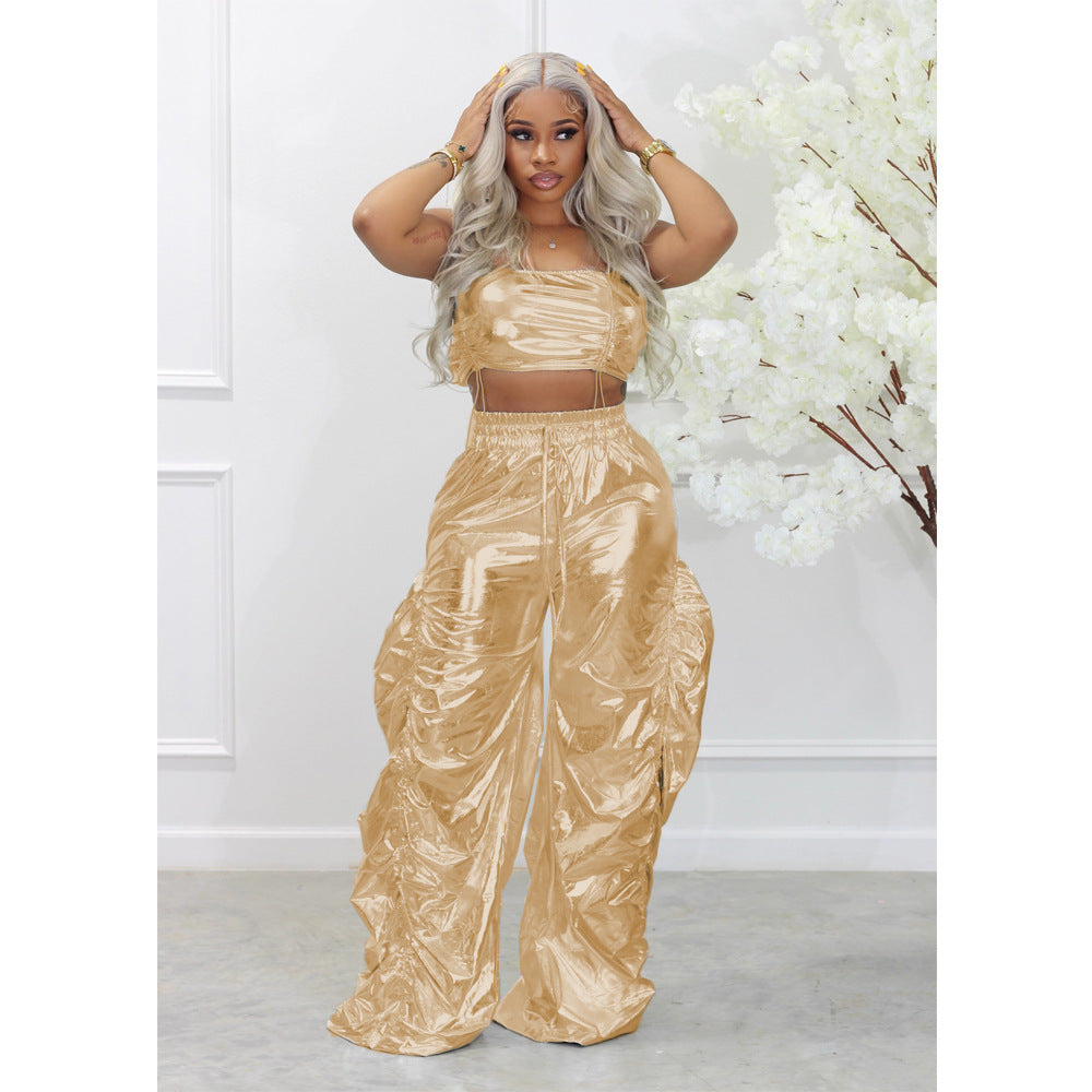 Women Fashion Shiny Street Hip Hop Crop Top and Pant Two-Piece Set 4