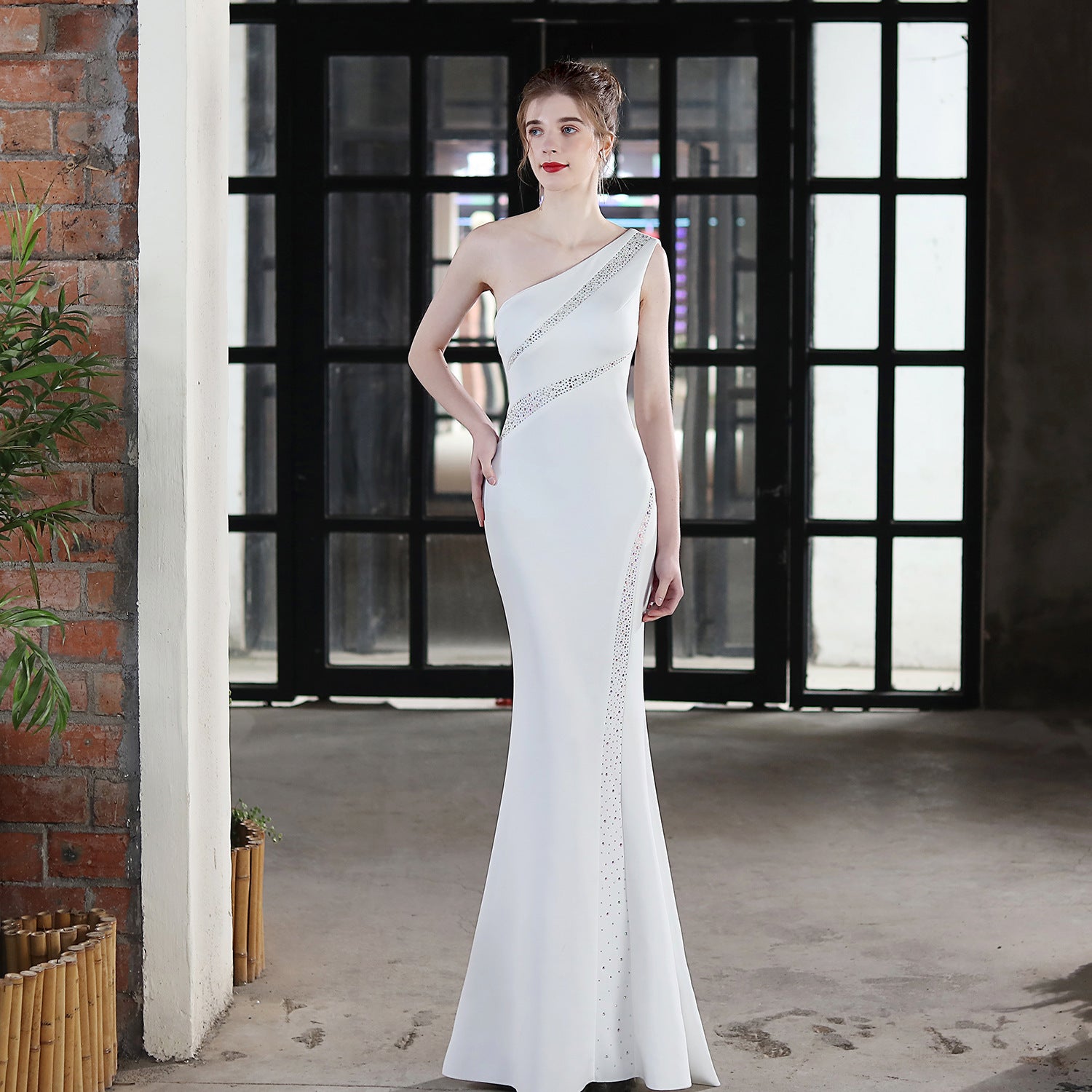 Summer formal beaded one shoulder mermaid evening dress