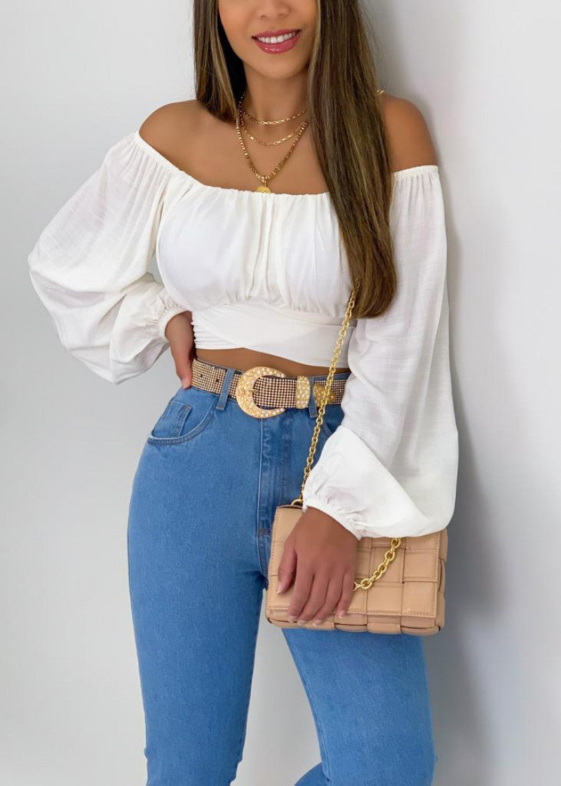Top Women's Solid Color Lantern Sleeve Off Shoulder Sexy Puff Sleeve Crop Shirt