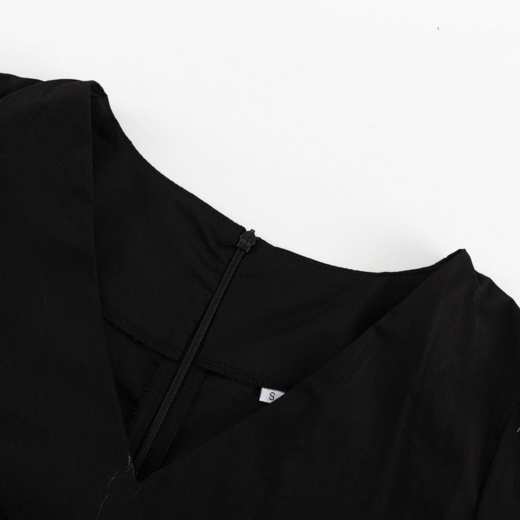 White Ruffled Women's Sexy V-Neck Puff Sleeve Drawstring High Waist Dress 13