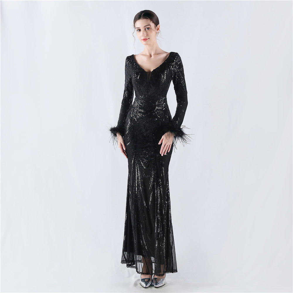 Women Positioning Flower Ostrich Feather Evening Dress 6