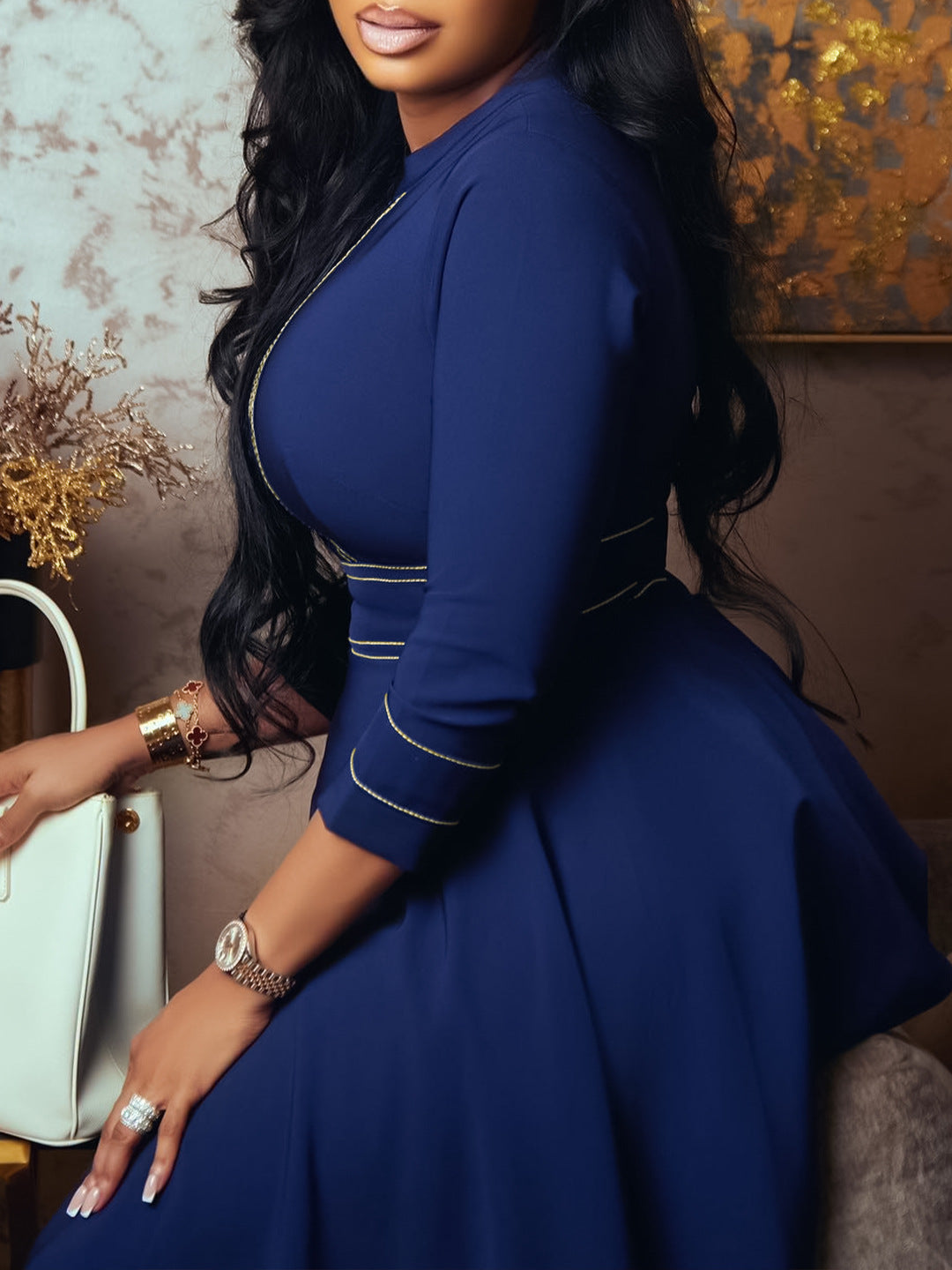 Africa Plus Size Women's Short Sleeve Stand Collar Fashion Party Swing Dress 3/4 Sleeve 6