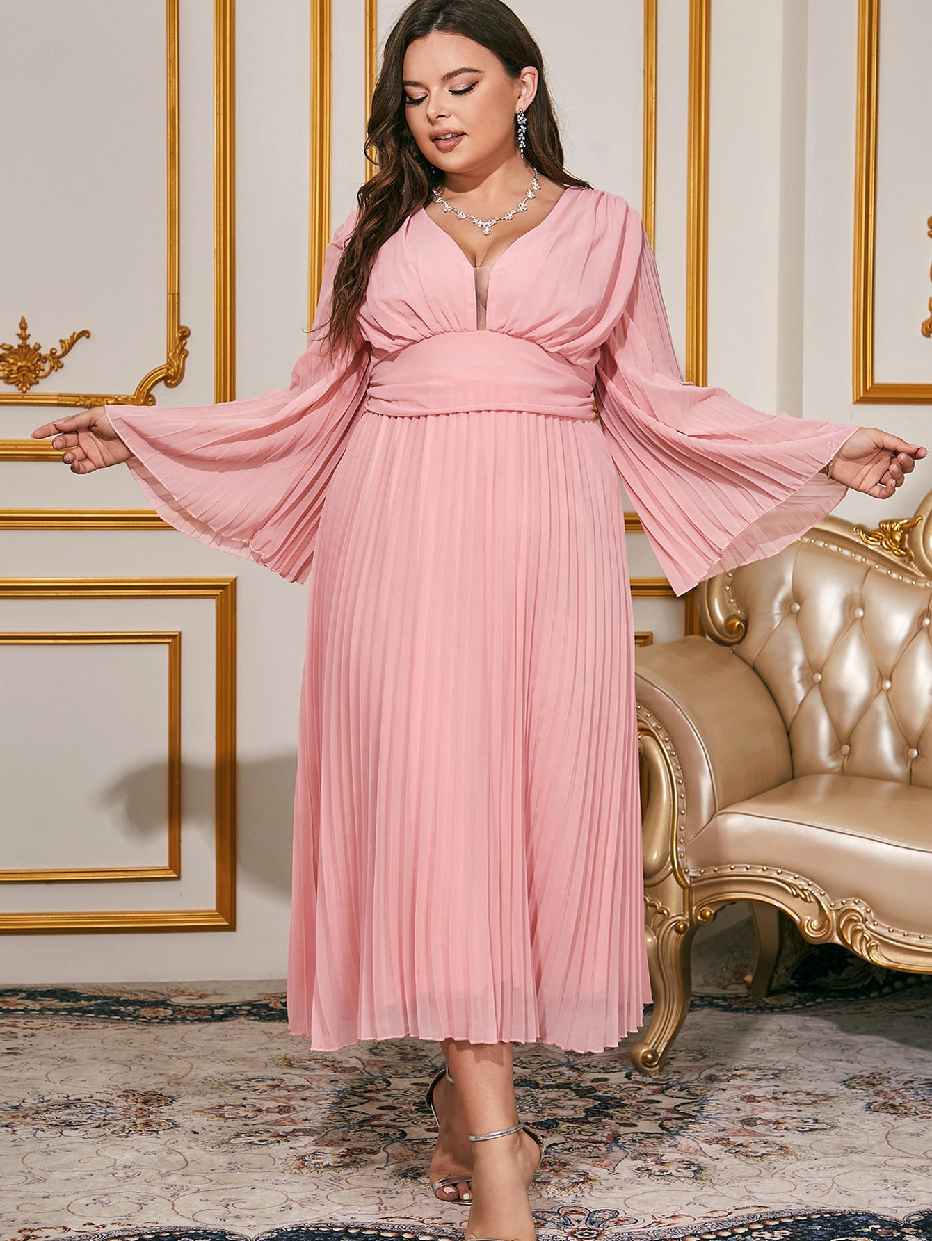Plus Size Women Pleated V Neck Long Sleeve Chiffon Dress