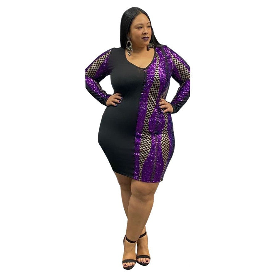 Women's V-Neck Sequin Patchwork Plus Size Dress 4