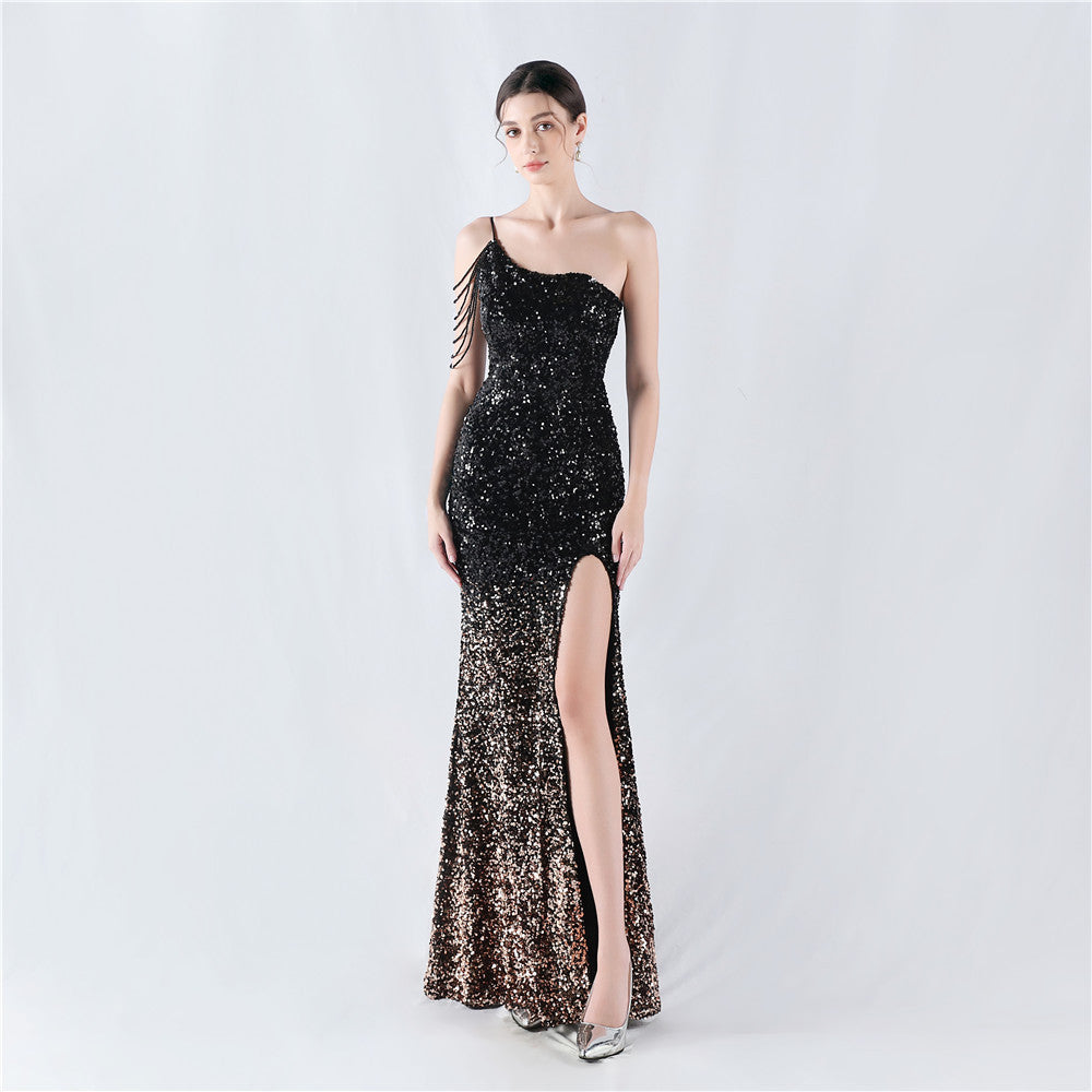 Gradient Sequins One-Shoulder Strap Evening Dress 13