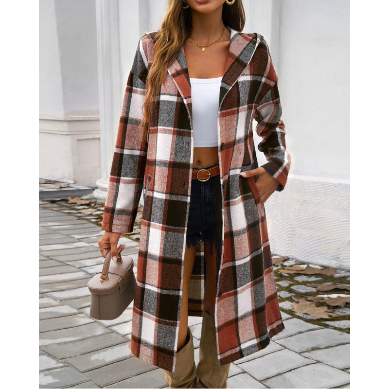 Women Plaid Hooded Long-sleeved Coat 8