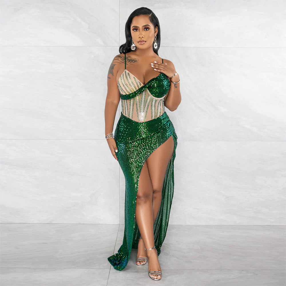 Women Fashion Sexy V Neck Straps Sequins Beaded Slit Evening Dress 7