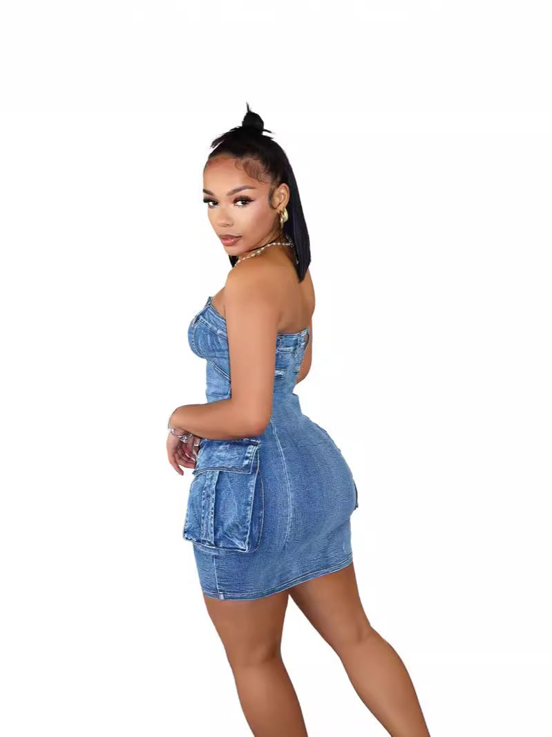 Women Sexy Strapless Washed Button Stretch Denim Dress 5