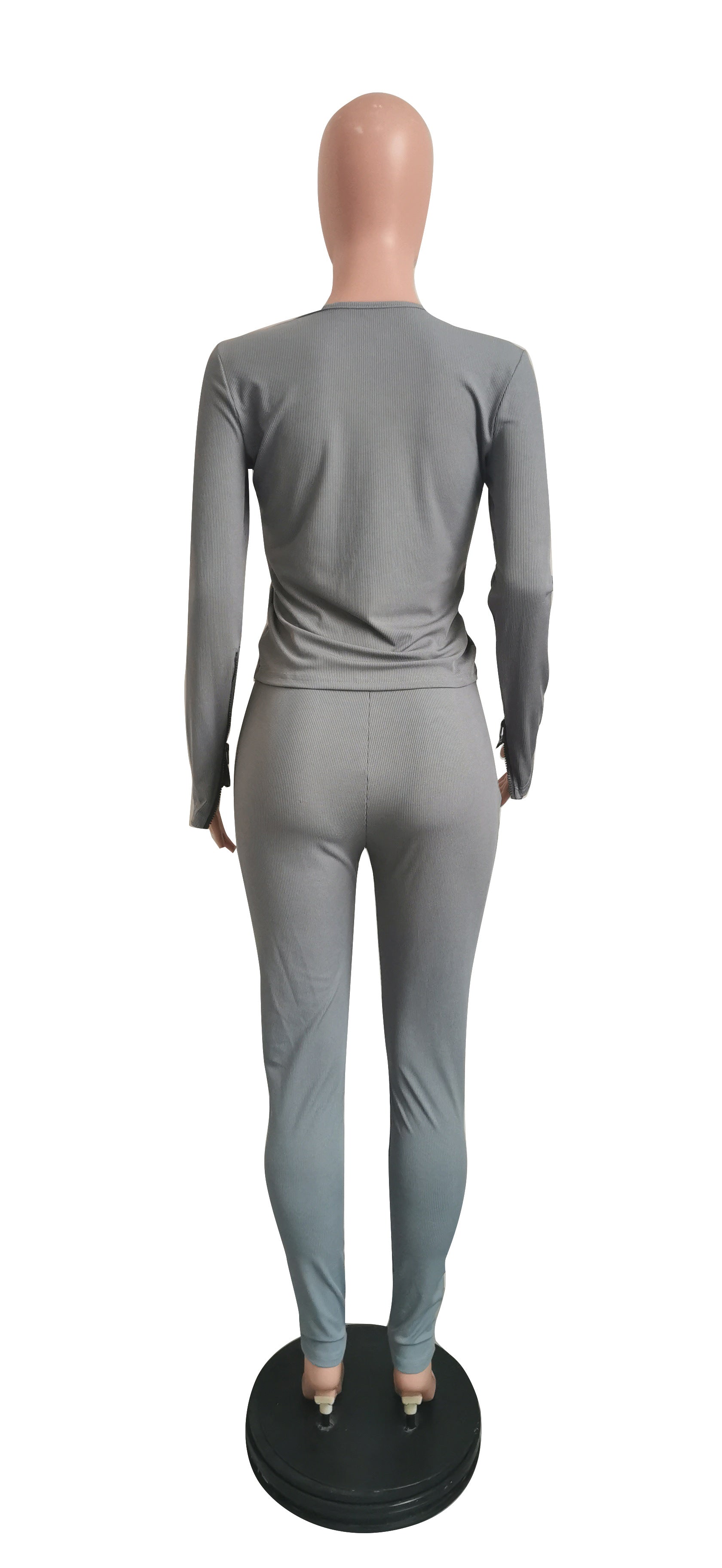 Women Solid Casual Zippered Ribbed Top and Pants Two-piece Set 14