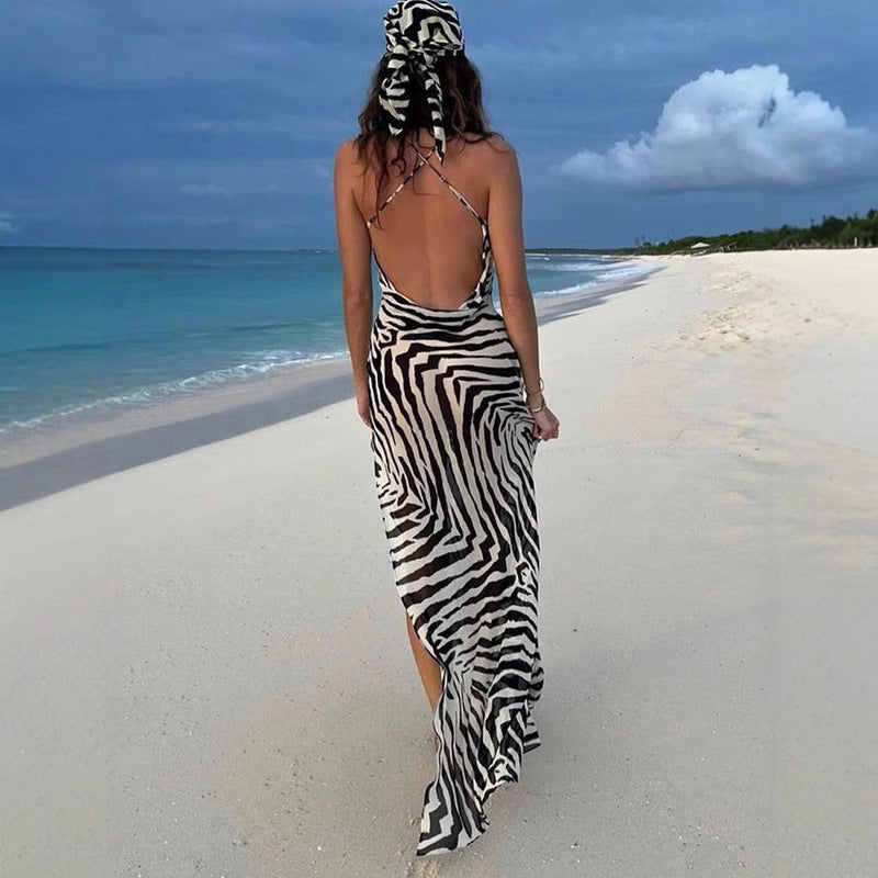 Women's Summer Holidays Zebra Print Sexy Halter-Neck Low-Back Dress
