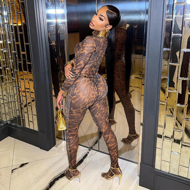 Women's Leopard Print Mesh High Neck Long Sleeve Fingerless Glove Bodysuit Tight Fitting Leggings Set 4