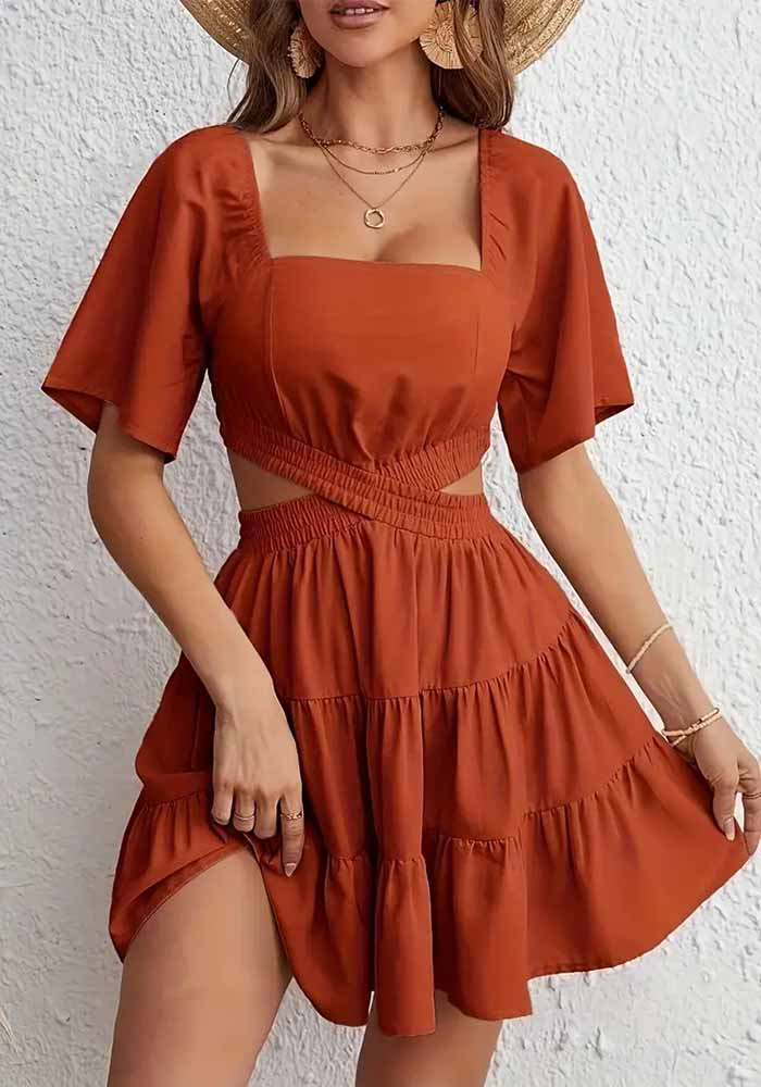 Summer Square-Neck Women's Solid Hollow-Out Open Waist Sexy Dress