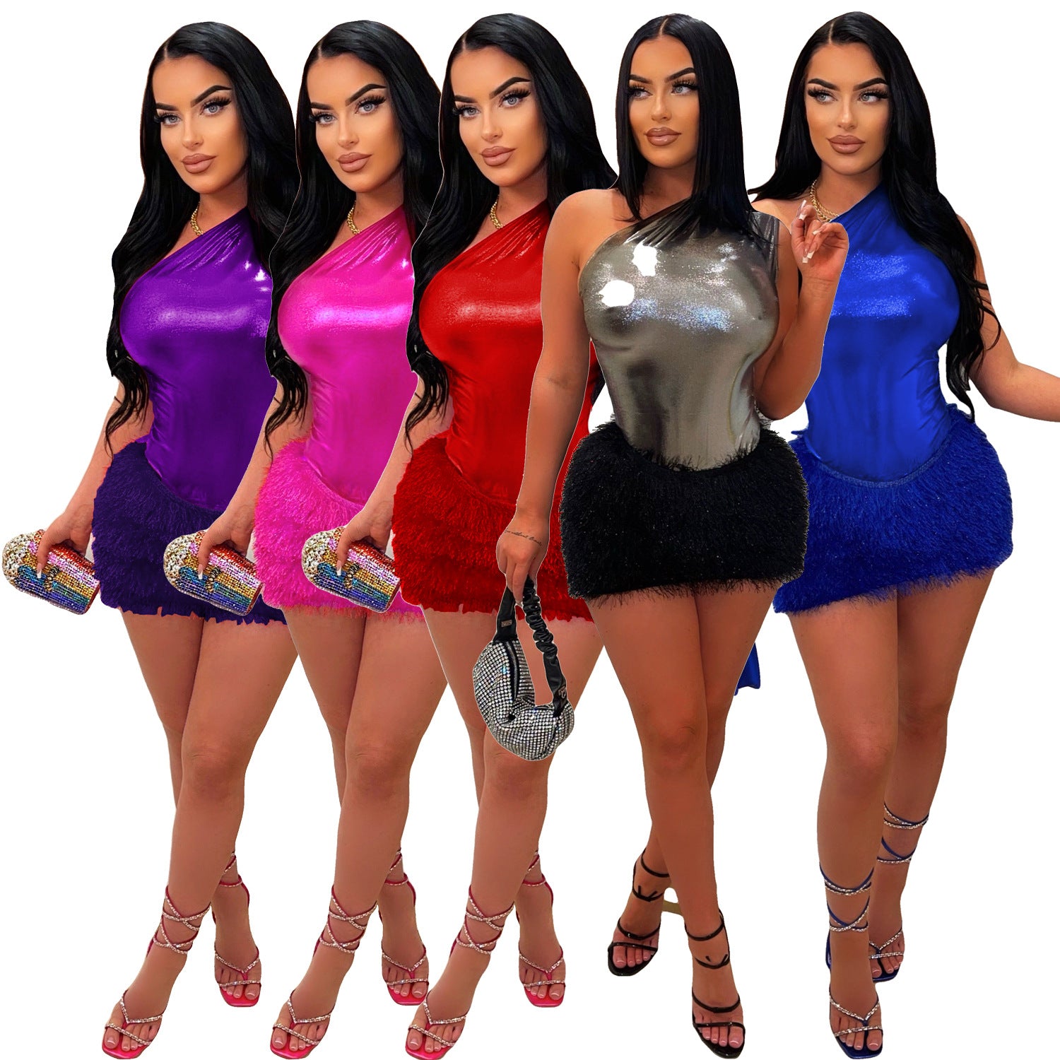 Women's Solid Color Glossy Bodysuit Sexy Short Skirt Two-Piece Set 12