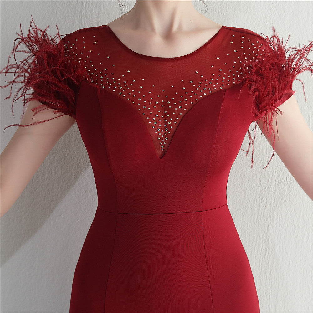Mesh Beaded + Embellished Feather Star Red Carpet Long Evening Gown 14